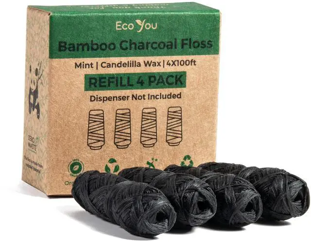 Main image of Bamboo Charcoal Dental Floss | Mint & Candelilla Wax | Vegan & Biodegradable (4 Refills Pack) | Pfas Free