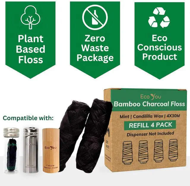 Alt view image 2 of 7 - Bamboo Charcoal Dental Floss | Mint & Candelilla Wax | Vegan & Biodegradable (4 Refills Pack) | Pfas Free