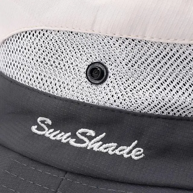 Alt view image 6 of 7 - Womens Summer Sun Hat Beach Hat Wide Brim Outdoor UV Protection Hat Foldable Cool Mesh Ponytail Bucket Hat (Grey+Beige)