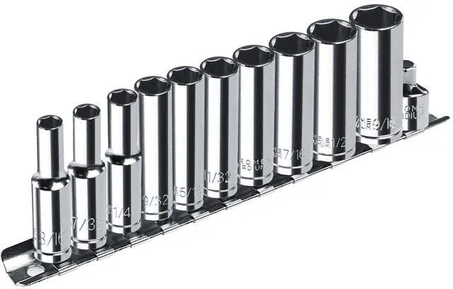 Main image of 1/4 Drive SAE Socket Set, 11PCS Deep Hex Socket Set (3/16-9/16), Cover Most Commonly Sizes, Chrome Vanadium Steel with 3/8F to 1/4M Socket Adapter
