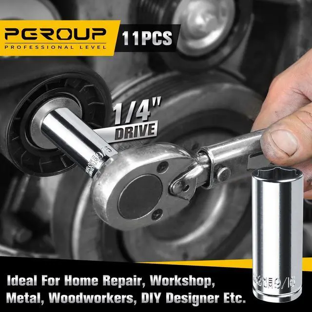 Alt view image 6 of 7 - 1/4 Drive SAE Socket Set, 11PCS Deep Hex Socket Set (3/16-9/16), Cover Most Commonly Sizes, Chrome Vanadium Steel with 3/8F to 1/4M Socket Adapter