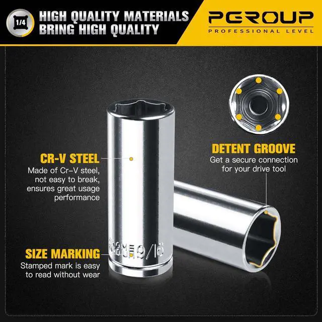 Alt view image 4 of 7 - 1/4 Drive SAE Socket Set, 11PCS Deep Hex Socket Set (3/16-9/16), Cover Most Commonly Sizes, Chrome Vanadium Steel with 3/8F to 1/4M Socket Adapter
