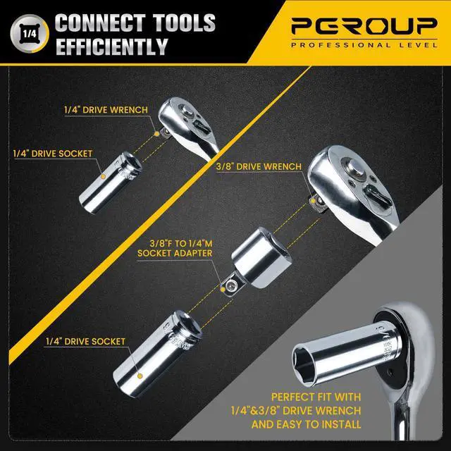 Alt view image 3 of 7 - 1/4 Drive SAE Socket Set, 11PCS Deep Hex Socket Set (3/16-9/16), Cover Most Commonly Sizes, Chrome Vanadium Steel with 3/8F to 1/4M Socket Adapter