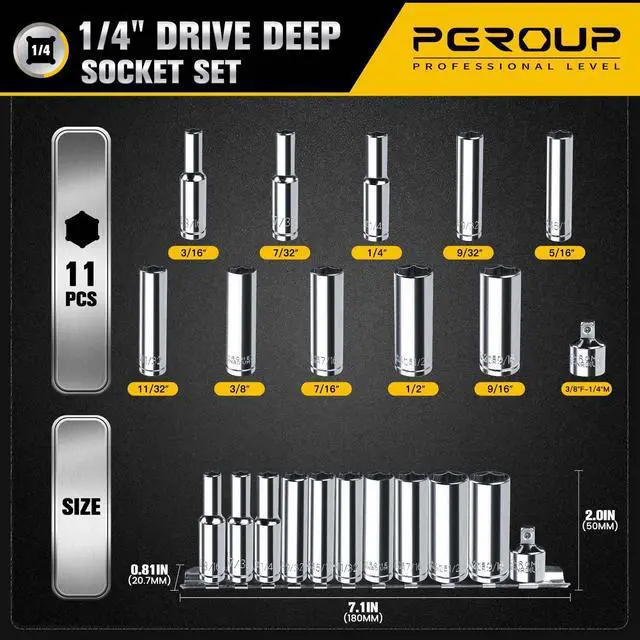 Alt view image 2 of 7 - 1/4 Drive SAE Socket Set, 11PCS Deep Hex Socket Set (3/16-9/16), Cover Most Commonly Sizes, Chrome Vanadium Steel with 3/8F to 1/4M Socket Adapter