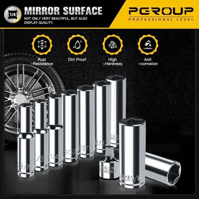 Alt view image 5 of 7 - 1/4 Drive SAE Socket Set, 11PCS Deep Hex Socket Set (3/16-9/16), Cover Most Commonly Sizes, Chrome Vanadium Steel with 3/8F to 1/4M Socket Adapter