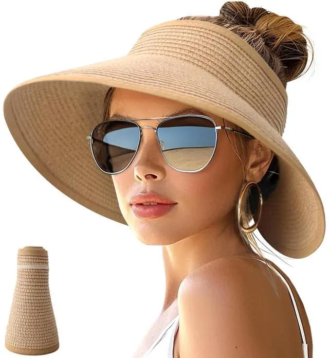 Main image of Sun Hats for Women Wide Brim Roll-Up Beach Ponytail Hat Packable Travel Foldable Straw Visor Khaki