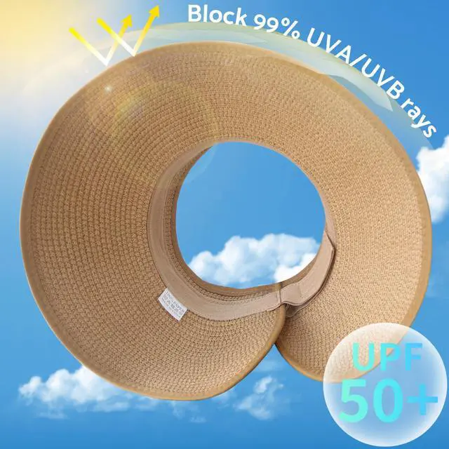 Alt view image 2 of 7 - Sun Hats for Women Wide Brim Roll-Up Beach Ponytail Hat Packable Travel Foldable Straw Visor Khaki
