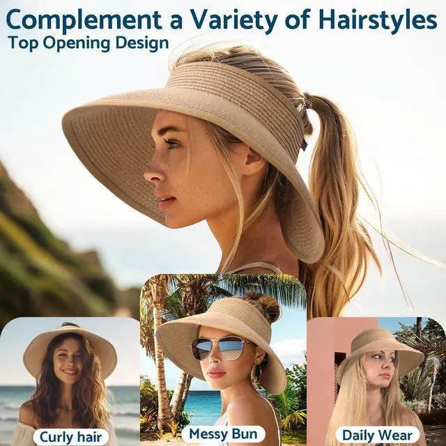 Alt view image 4 of 7 - Sun Hats for Women Wide Brim Roll-Up Beach Ponytail Hat Packable Travel Foldable Straw Visor Khaki