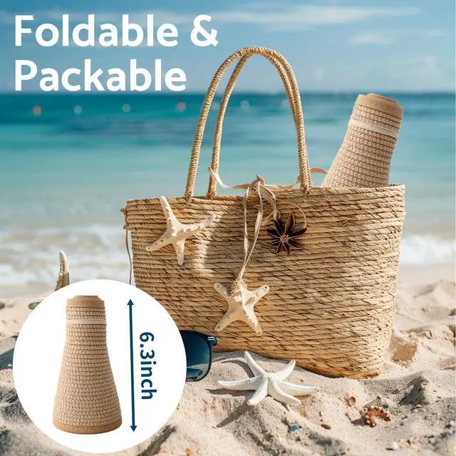 Alt view image 5 of 7 - Sun Hats for Women Wide Brim Roll-Up Beach Ponytail Hat Packable Travel Foldable Straw Visor Khaki