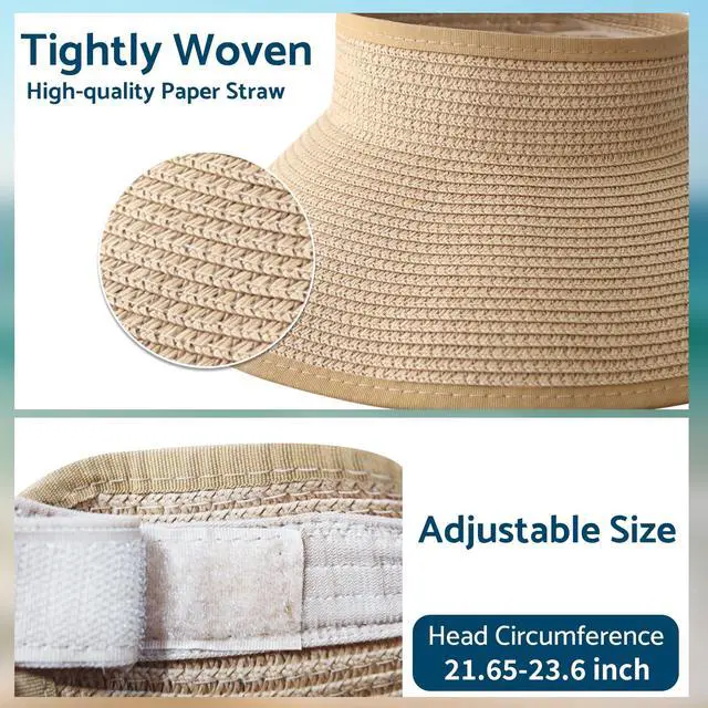Alt view image 6 of 7 - Sun Hats for Women Wide Brim Roll-Up Beach Ponytail Hat Packable Travel Foldable Straw Visor Khaki