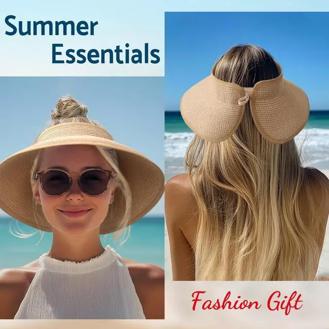 Alt view image 7 of 7 - Sun Hats for Women Wide Brim Roll-Up Beach Ponytail Hat Packable Travel Foldable Straw Visor Khaki