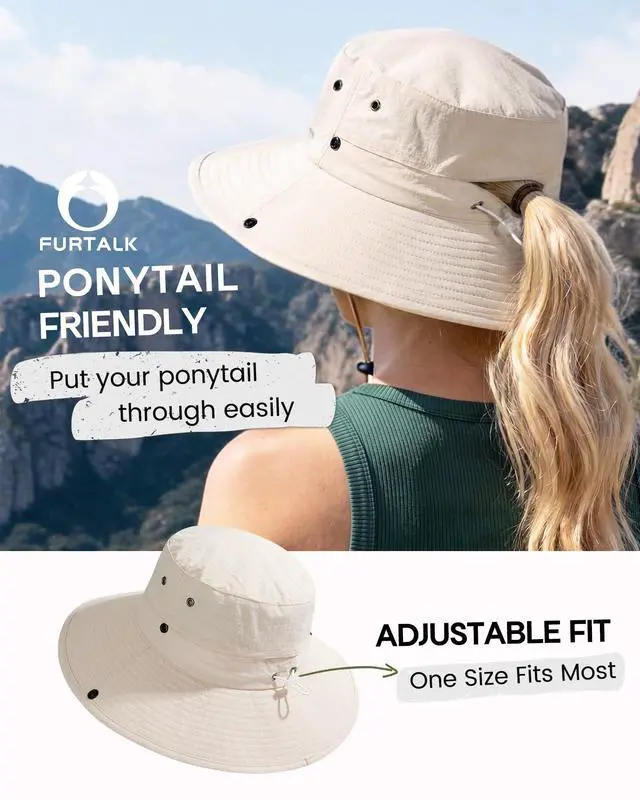 Alt view image 3 of 6 - Sun Hats for Women with Ponytail Hole Wide Brim Beach Bucket Hat UPF 50+ Fishing Hiking Outdoor Hats Beige