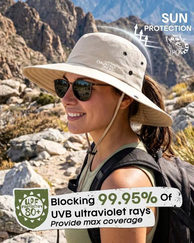 Alt view image 2 of 6 - Sun Hats for Women with Ponytail Hole Wide Brim Beach Bucket Hat UPF 50+ Fishing Hiking Outdoor Hats Beige