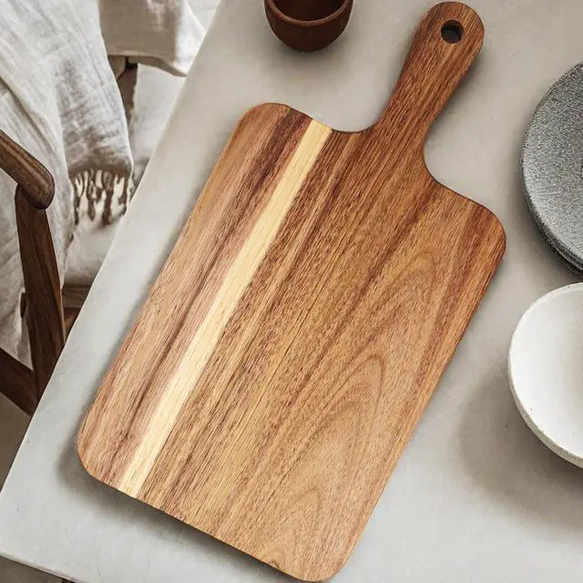 Alt view image 3 of 7 - Acacia Wood Cutting Board with Handle 13.7''X7'' / Charcuterie Board/Serving Board/Cheese, Bread, Vegetables & Fruits Serving Board (Rectangular)