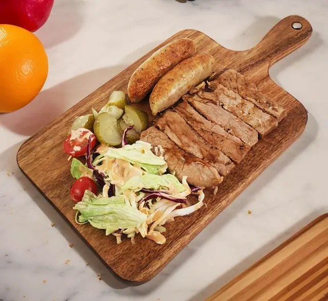 Alt view image 6 of 7 - Acacia Wood Cutting Board with Handle 13.7''X7'' / Charcuterie Board/Serving Board/Cheese, Bread, Vegetables & Fruits Serving Board (Rectangular)
