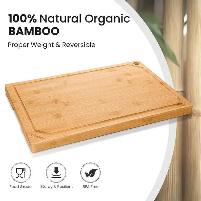 Alt view image 2 of 6 - Extra Large Bamboo Cutting Board for Kitchen, Heavy Duty Wood Cutting Board with Juice Groove, 100% Organic Bamboo, Pre Oiled, 18" x 12"
