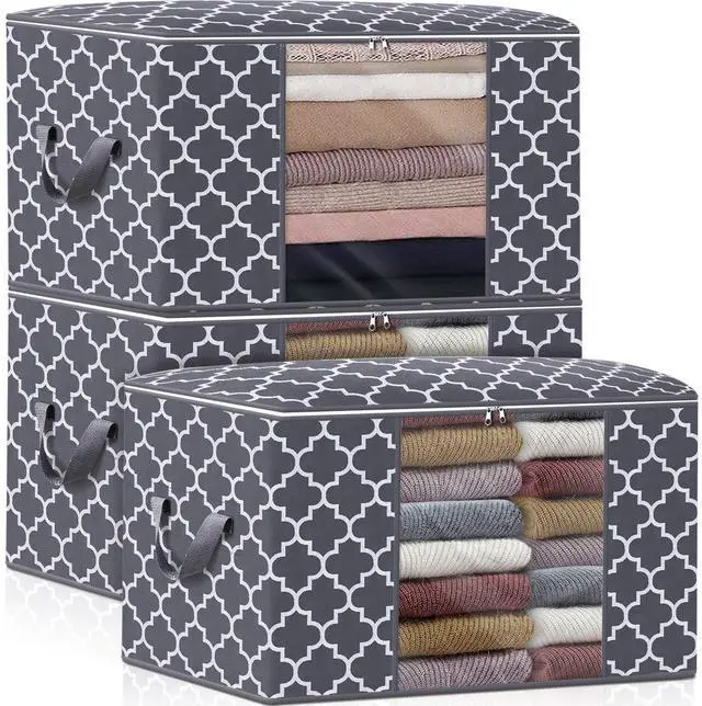 Main image of Storage Bags, Large Blanket Clothes Organization and Storage Containers for Bedding, Comforters, Foldable Organizer with Reinforced Handle, Clear Window,Sturdy Zippers,(Grey, 3 x 100L)