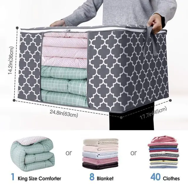 Alt view image 2 of 6 - Storage Bags, Large Blanket Clothes Organization and Storage Containers for Bedding, Comforters, Foldable Organizer with Reinforced Handle, Clear Window,Sturdy Zippers,(Grey, 3 x 100L)