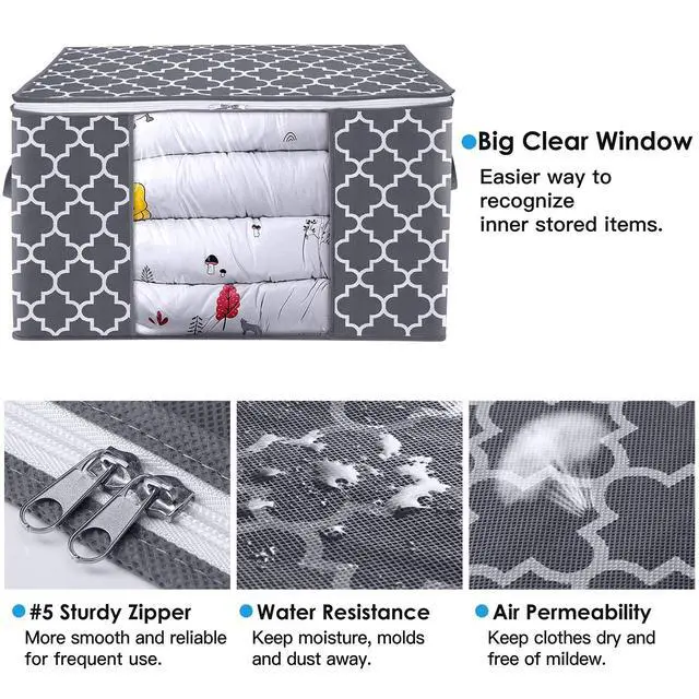 Alt view image 3 of 6 - Storage Bags, Large Blanket Clothes Organization and Storage Containers for Bedding, Comforters, Foldable Organizer with Reinforced Handle, Clear Window,Sturdy Zippers,(Grey, 3 x 100L)
