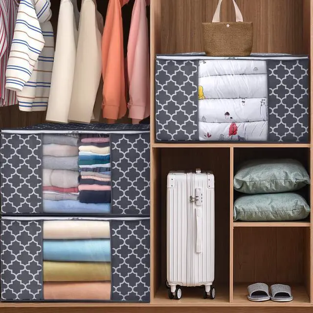 Alt view image 4 of 6 - Storage Bags, Large Blanket Clothes Organization and Storage Containers for Bedding, Comforters, Foldable Organizer with Reinforced Handle, Clear Window,Sturdy Zippers,(Grey, 3 x 100L)
