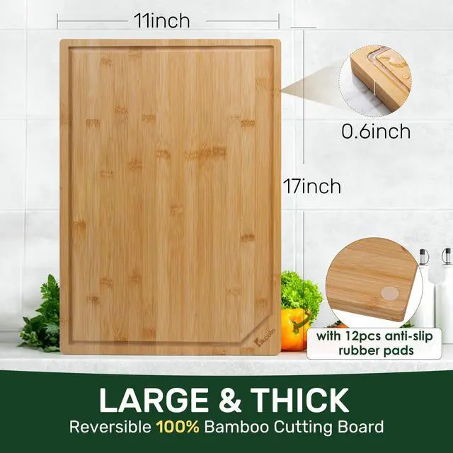 Alt view image 3 of 7 - 17×11 Bamboo Cutting Boards for Kitchen, Healthy Wooden Cutting Boards for Kitchen, Charcuterie, Vegetables, Cheese, Extra Large Chopping Boards with Deep Juice Groove and Handle, Natural