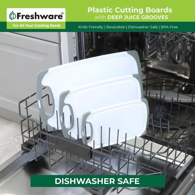 Alt view image 6 of 7 - Cutting Boards for Kitchen, Chopping Board 3-Pack with Different Sizes, Juice Grooves and Non Slip Handles - Reversible, Large Cutting Board Set - Dishwasher Safe - Gray