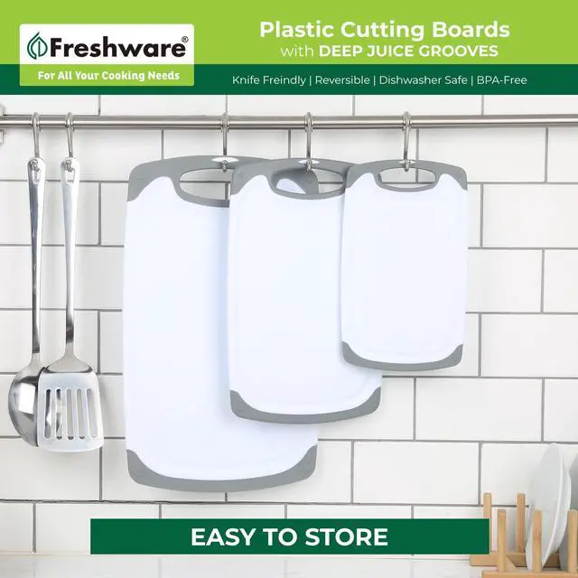 Alt view image 7 of 7 - Cutting Boards for Kitchen, Chopping Board 3-Pack with Different Sizes, Juice Grooves and Non Slip Handles - Reversible, Large Cutting Board Set - Dishwasher Safe - Gray