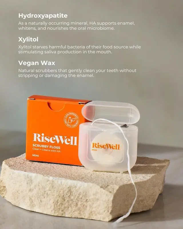 Alt view image 4 of 5 - Scrubby Tooth Floss - Natural PFAS Free Floss for Teeth with Hydroxyapatite and Xylitol - Dentist-Formulated Plaque Remover for Teeth - Vegan, Expanding Dental Flossers, Mint Waxed, 30 Yards