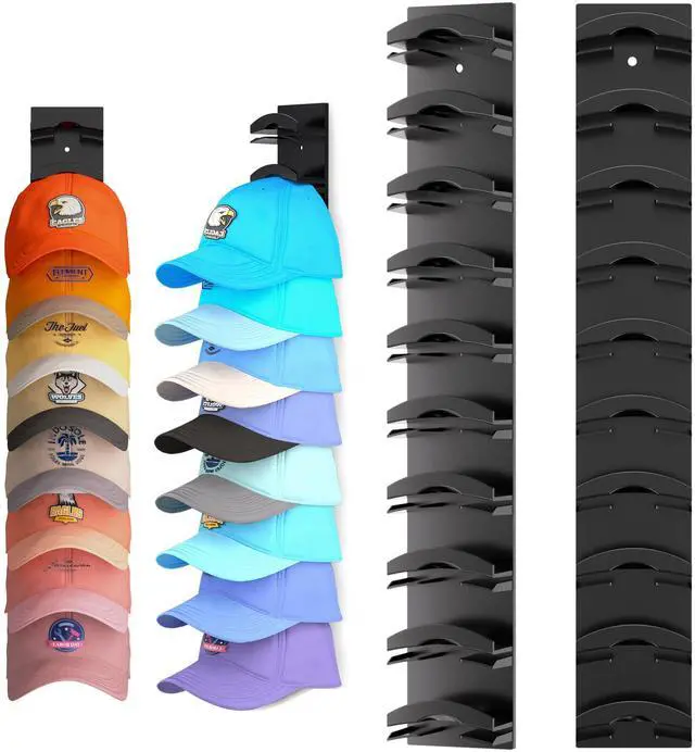 Main image of Hat Organizer for Baseball Caps 2Pack, Hat Rack for Wall with Strong Adhesive Hold up to 20 Hats, Hat Hanger Holder Display for Door Closet, Cap Organizer Storage Multilayer Two Mounting Option(Black)