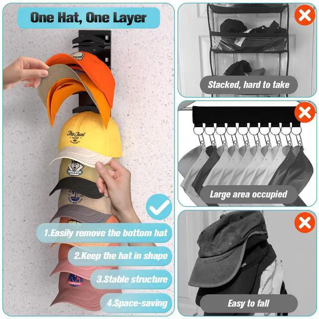 Alt view image 2 of 7 - Hat Organizer for Baseball Caps 2Pack, Hat Rack for Wall with Strong Adhesive Hold up to 20 Hats, Hat Hanger Holder Display for Door Closet, Cap Organizer Storage Multilayer Two Mounting Option(Black)