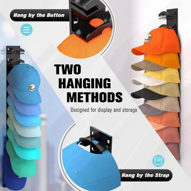 Alt view image 3 of 7 - Hat Organizer for Baseball Caps 2Pack, Hat Rack for Wall with Strong Adhesive Hold up to 20 Hats, Hat Hanger Holder Display for Door Closet, Cap Organizer Storage Multilayer Two Mounting Option(Black)