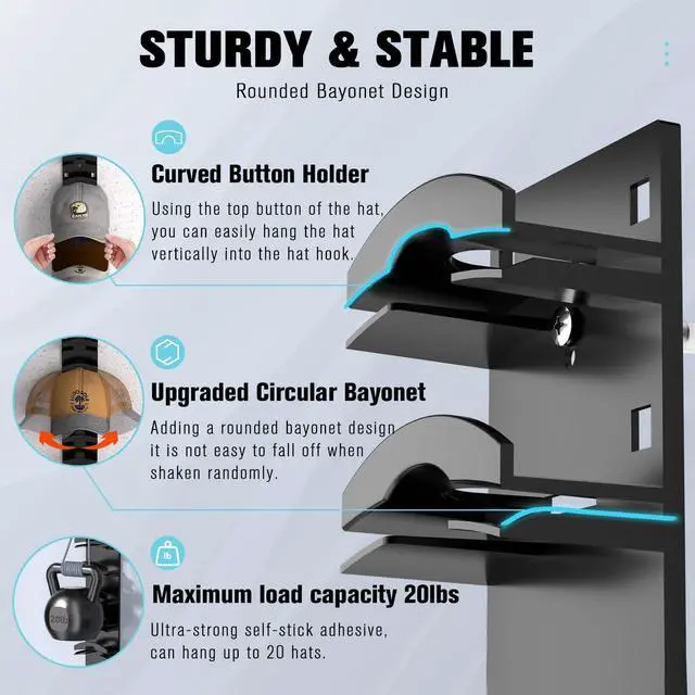 Alt view image 4 of 7 - Hat Organizer for Baseball Caps 2Pack, Hat Rack for Wall with Strong Adhesive Hold up to 20 Hats, Hat Hanger Holder Display for Door Closet, Cap Organizer Storage Multilayer Two Mounting Option(Black)