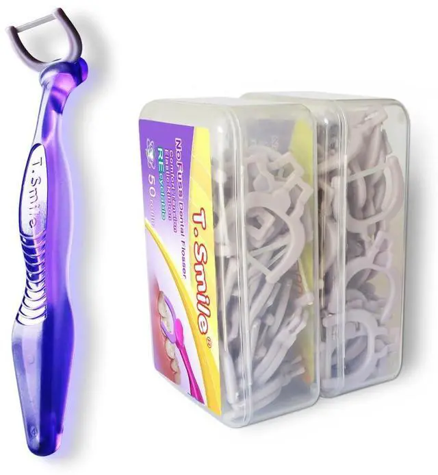 Main image of Seniors NoFuss Dental Flosser Kit, 5-inch Long Handle & Refill Heads, Soft Flex Floss Gentle on Sensitive Gums, Fluoride Free, (Purple Handle + 100 Soft Flex Floss Refills)
