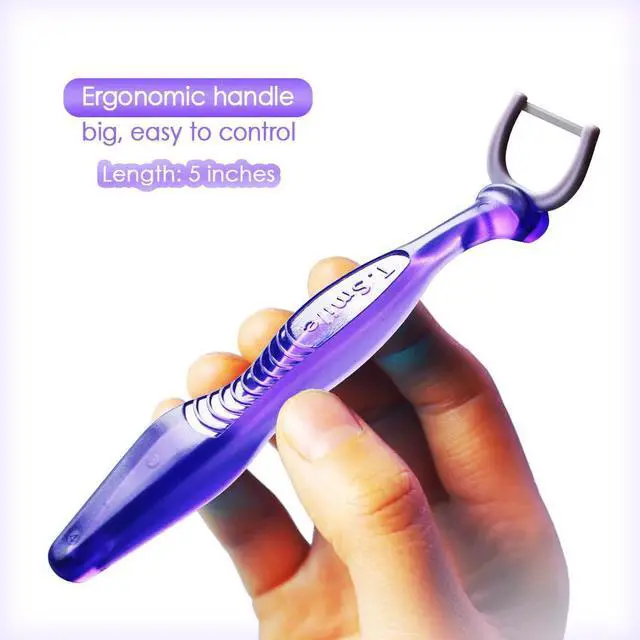 Alt view image 2 of 7 - Seniors NoFuss Dental Flosser Kit, 5-inch Long Handle & Refill Heads, Soft Flex Floss Gentle on Sensitive Gums, Fluoride Free, (Purple Handle + 100 Soft Flex Floss Refills)