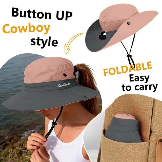Alt view image 3 of 6 - 1 Pack Women's Ponytail Safari Sun Hat,Wide Brim UV Protection Outdoor Bucket Hat,Foldable Beach Summer Fishing Hat