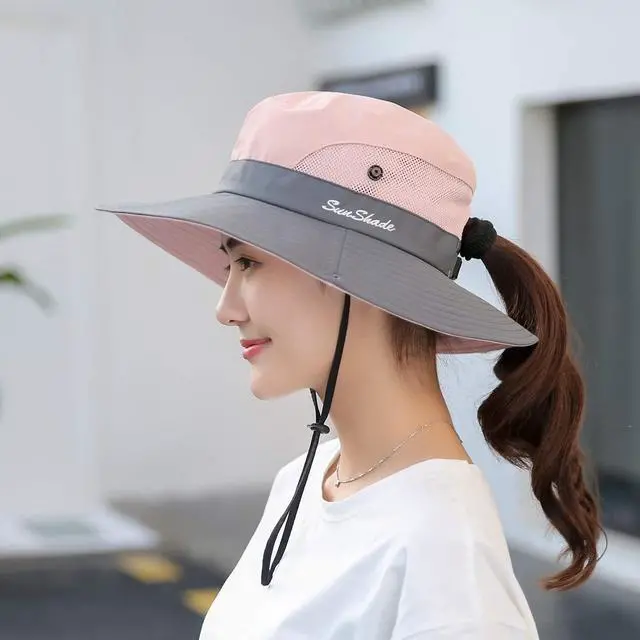 Alt view image 2 of 6 - 1 Pack Women's Ponytail Safari Sun Hat,Wide Brim UV Protection Outdoor Bucket Hat,Foldable Beach Summer Fishing Hat
