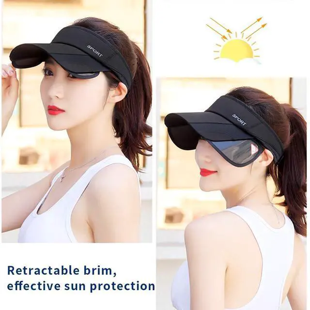 Alt view image 3 of 5 - Summer Sun Visor Hat - Women Adjustable Golf Cap with Retractable Brim, UV Protection Beach/Tennis Sport Hat (Black)
