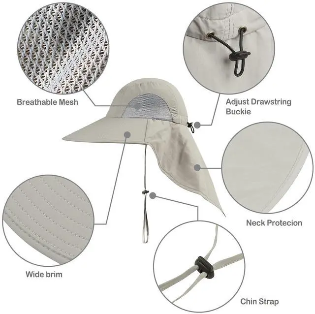 Alt view image 2 of 7 - Outdoor Sun Hat for Men with 50+ UPF Protection Safari Cap Wide Brim Fishing Hat with Neck Flap, for Dad Light Grey