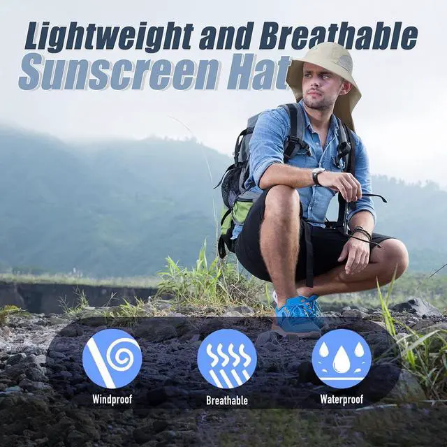 Alt view image 6 of 7 - Outdoor Sun Hat for Men with 50+ UPF Protection Safari Cap Wide Brim Fishing Hat with Neck Flap, for Dad Light Grey
