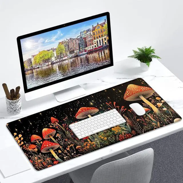 Alt view image 5 of 6 - Gaming Mouse Pad Large Desk Mat Extended Keyboard Mouse Pad Mousepad with Non-Slip Base and Stitched Edge Mouse Mat Desk Pad Mouse Pads for Desk Home Office Gaming Mushroom