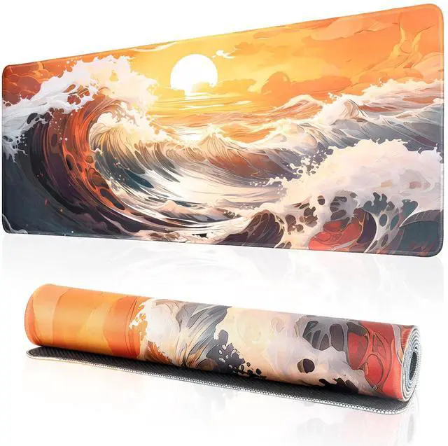 Main image of Japanese Sea Wave Gaming Mouse Pad, Anime Gaming Mousepad, Extended Kanagawa Mat Desk Mat, Large Desk pad 31.5x11.8 Inch 2mm Thick Long Non-Slip Rubber Base Mouse Pads (Orange)