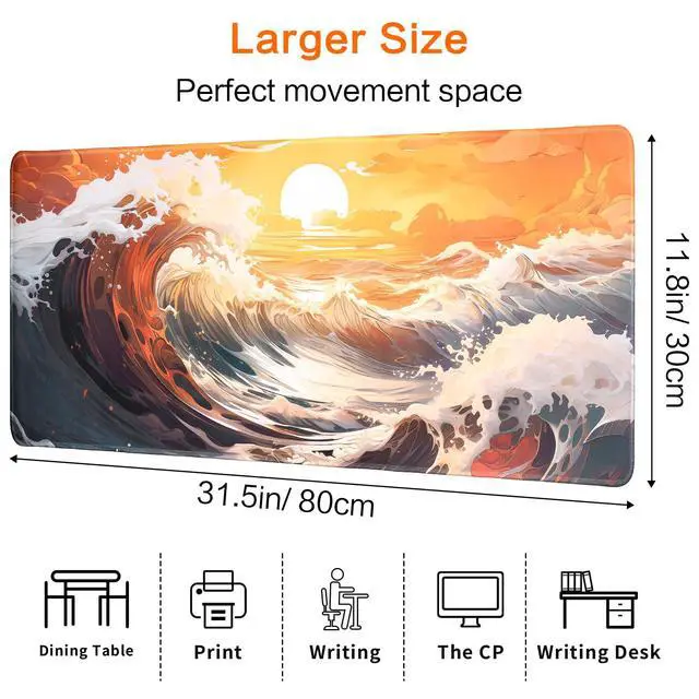Alt view image 2 of 7 - Japanese Sea Wave Gaming Mouse Pad, Anime Gaming Mousepad, Extended Kanagawa Mat Desk Mat, Large Desk pad 31.5x11.8 Inch 2mm Thick Long Non-Slip Rubber Base Mouse Pads (Orange)