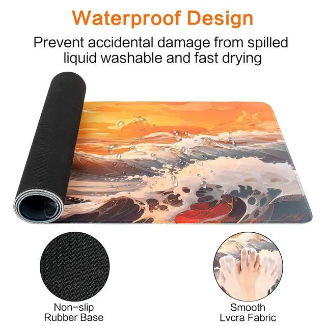 Alt view image 3 of 7 - Japanese Sea Wave Gaming Mouse Pad, Anime Gaming Mousepad, Extended Kanagawa Mat Desk Mat, Large Desk pad 31.5x11.8 Inch 2mm Thick Long Non-Slip Rubber Base Mouse Pads (Orange)