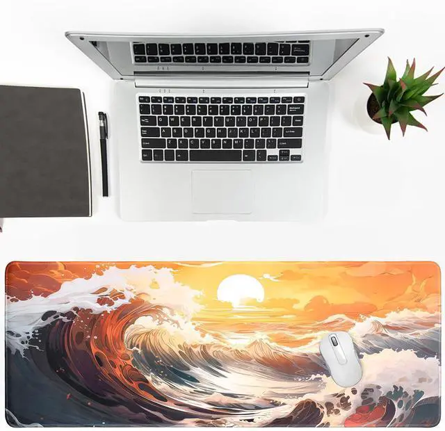 Alt view image 5 of 7 - Japanese Sea Wave Gaming Mouse Pad, Anime Gaming Mousepad, Extended Kanagawa Mat Desk Mat, Large Desk pad 31.5x11.8 Inch 2mm Thick Long Non-Slip Rubber Base Mouse Pads (Orange)