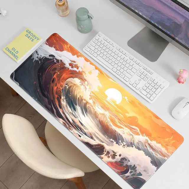 Alt view image 7 of 7 - Japanese Sea Wave Gaming Mouse Pad, Anime Gaming Mousepad, Extended Kanagawa Mat Desk Mat, Large Desk pad 31.5x11.8 Inch 2mm Thick Long Non-Slip Rubber Base Mouse Pads (Orange)