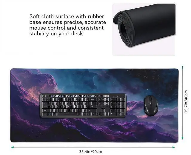 Alt view image 3 of 7 - Large Gaming Mouse Pad with Purple Cloud Design, 35.4x15.7 Inch Extended Desk Mat, Soft Cloth Surface with Anti-Slip Rubber Base for Keyboard and Mouse