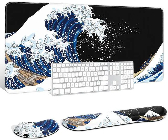 Main image of Large Mouse Pad with Wrist Rests for Keyboard & Mouse, Thick Soft Ergonomic Memory Foam Wrist Supports, Big & Long Desk Mat 35.5 x 15.7 in, for Office Gaming Computer, Great Wave