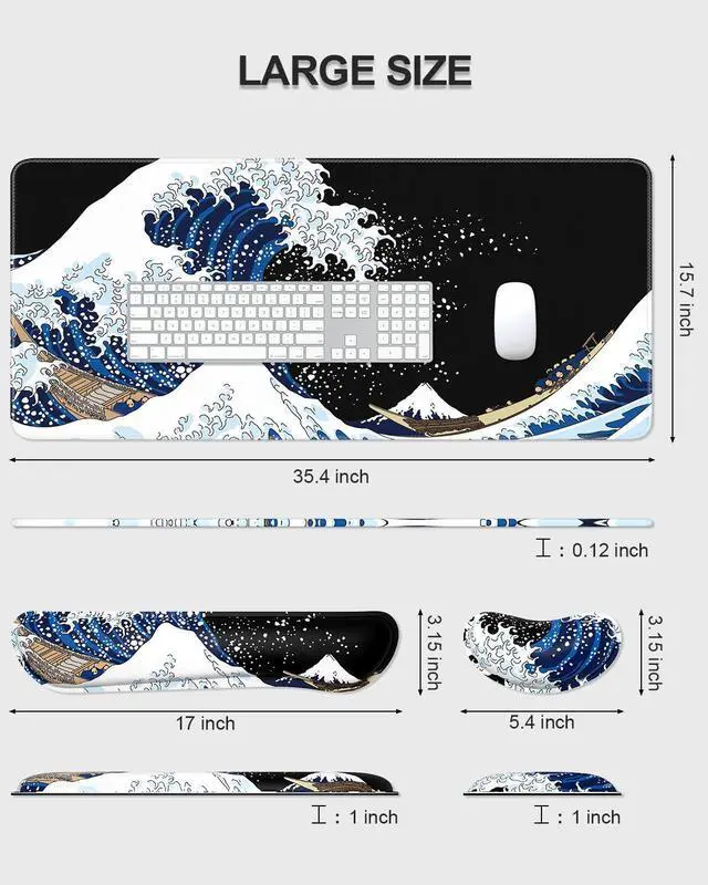 Alt view image 7 of 7 - Large Mouse Pad with Wrist Rests for Keyboard & Mouse, Thick Soft Ergonomic Memory Foam Wrist Supports, Big & Long Desk Mat 35.5 x 15.7 in, for Office Gaming Computer, Great Wave