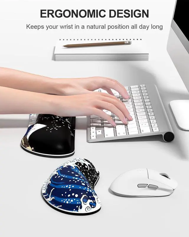 Alt view image 3 of 7 - Large Mouse Pad with Wrist Rests for Keyboard & Mouse, Thick Soft Ergonomic Memory Foam Wrist Supports, Big & Long Desk Mat 35.5 x 15.7 in, for Office Gaming Computer, Great Wave