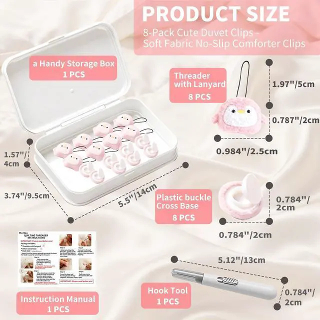 Alt view image 2 of 6 - 8 Pcs Duvet Clips with Pins Quilt Fixer,Non-Slip Duvet Cover Clips,Duvet Clips to Hold Comforter Inside,No NeedlesPenguin Pattern(Inc Hook Tool,Storage Box)(Pink)